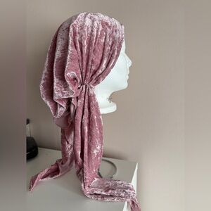 Pre-tied Velvet Tichel Head Scarf | Dusty Rose Pink | Slip-on head covering